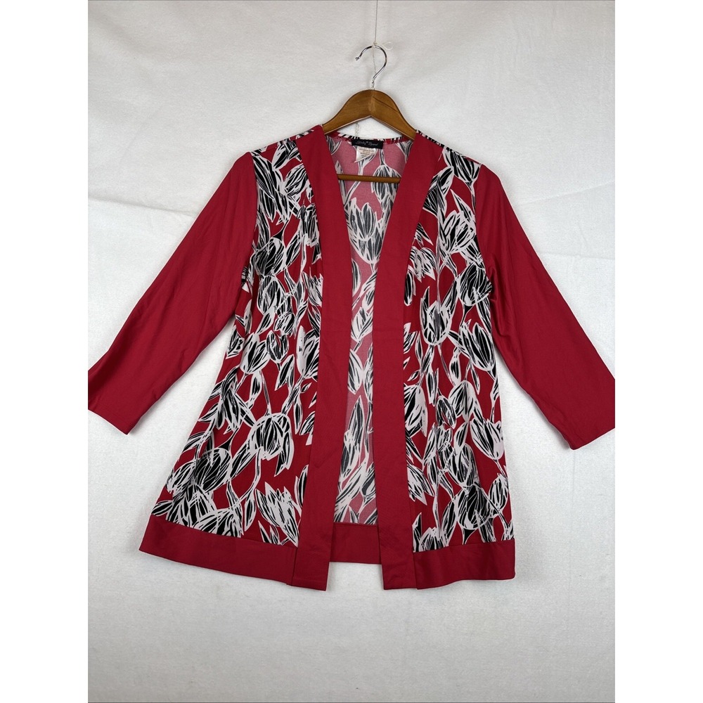 Slinky Brand S Cardigan Top Open Front Red Black white Floral Print Jacket Women